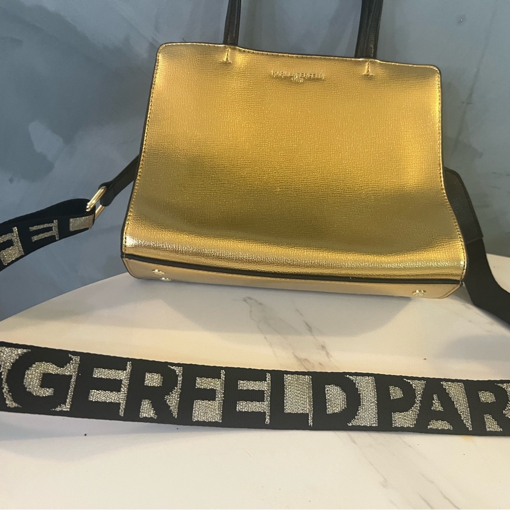 Karl Lagerfeld gold metallic handbag with black handlles & shoulder strap - Picture 2 of 11